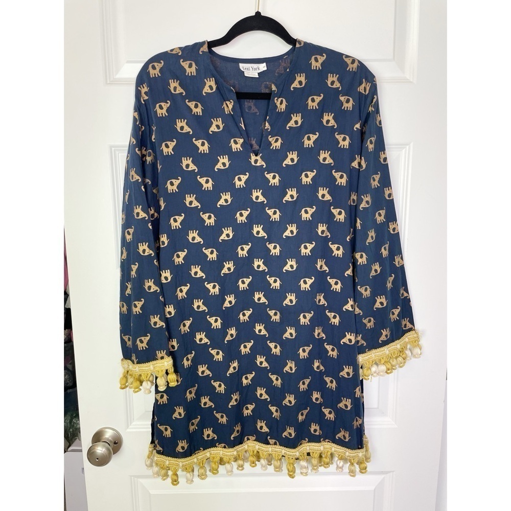 Boutique Lexi York 100% Cotton Elephant Print Shift Dress w/Ornate Pompom Tassel